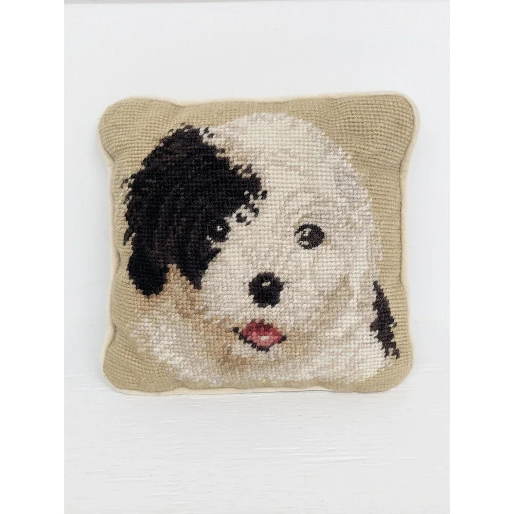 Vtg Needlepoint Dog Pillow Old English Sheepdog/Sheepadoodle Black White 7